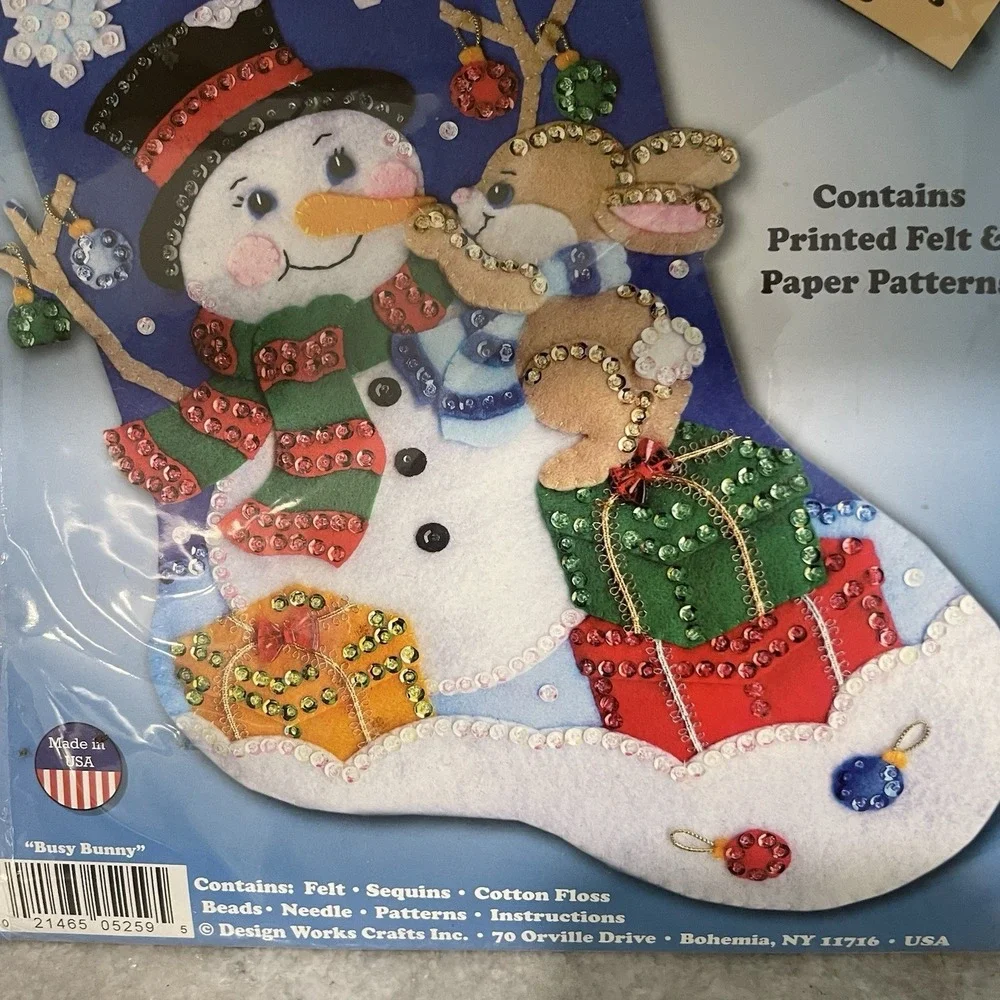 Design Works Christmas Stocking Unused Complete Felt Sequins Busy Bunny 5259 USA